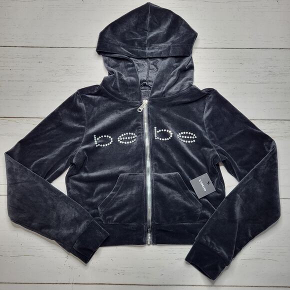 Bebe Velour Bling Velour Full Zip Cropped Hoodie Sweatshirt Rhinestone Medium - Picture 1 of 10